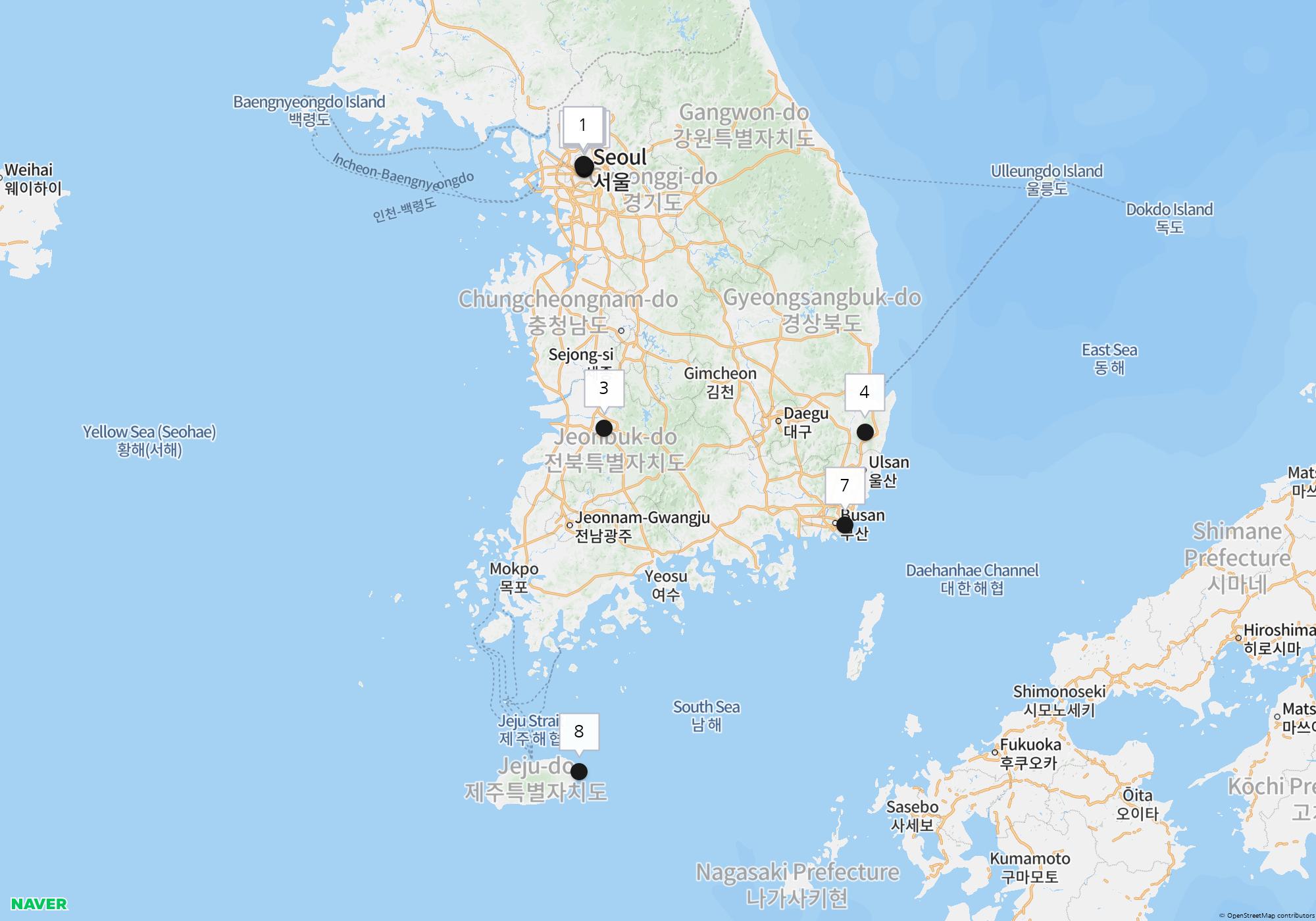 Map of All of Korea with the 10 Explore Korea destinations numbered