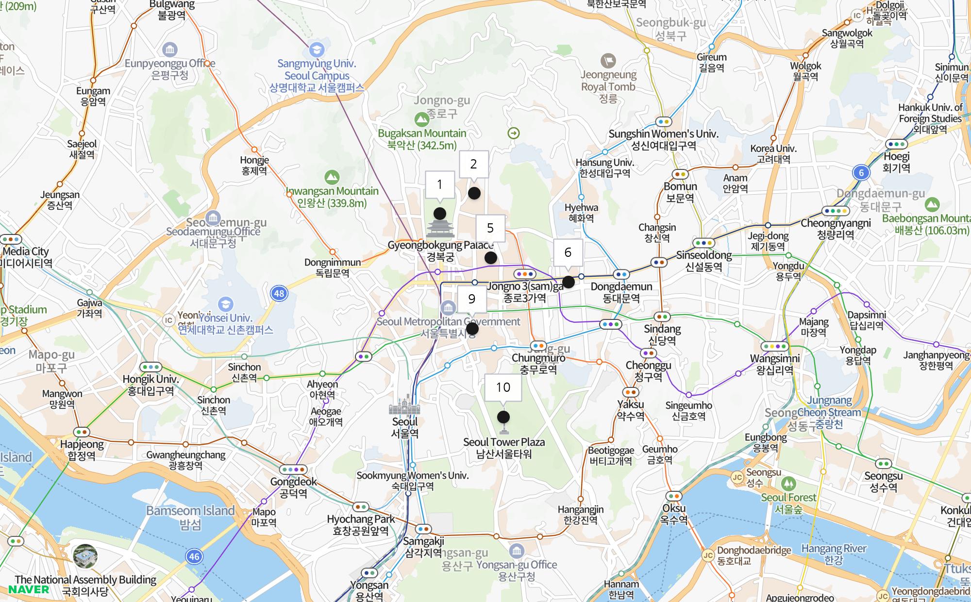 Map of Seoul with the 6 Explore Korea destinations numbered